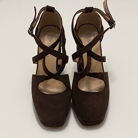 Women's Faux Velvet Suede Chocolate Brown Mary Jane Platform Heels Size 6 - Picture 2 of 10